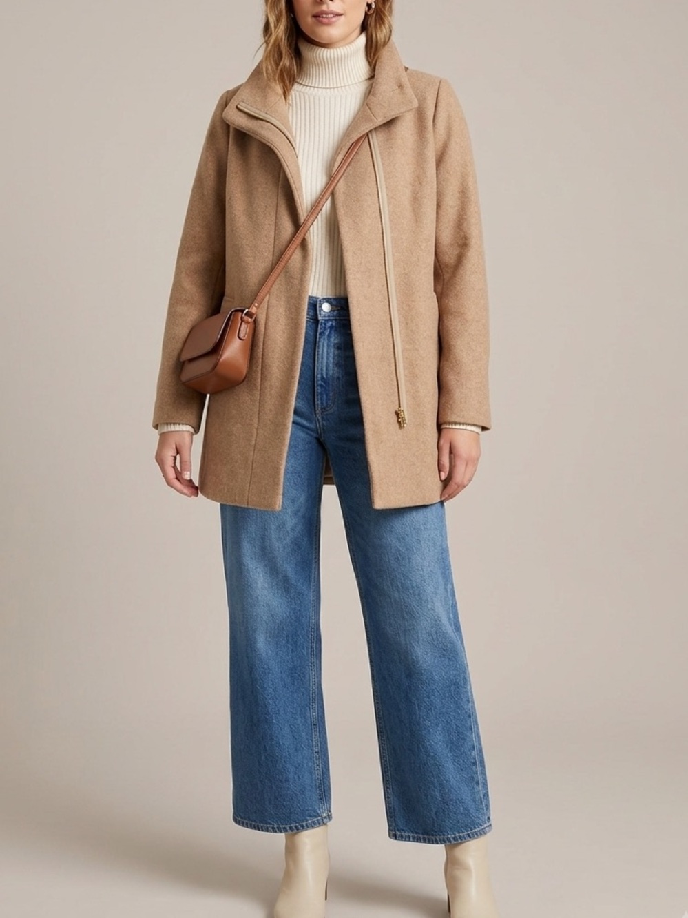 J.Crew City Coat Wool Blend Standing Collar Zip Warm Neutral Minimalist Preppy